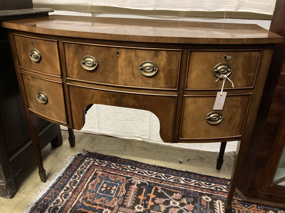 A George III style mahogany bow fronted sideboard, width 106cm, depth 53cm, height 84cm